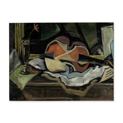 an image of a painting of a guitar sitting on top of a table