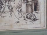 a drawing of a man on a horse pulling a wagon