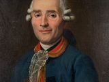 portrait of a man in a blue coat and red shirt