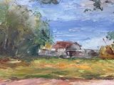 an oil painting of a farm scene with a barn in the distance