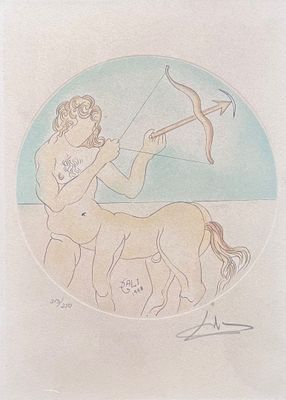 dessin représentant un homme avec un arc et un cheval, à l'intérieur d'un cercle