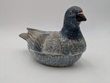 a bird that is sitting in a bowl on a table