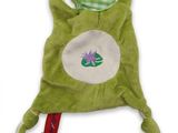 green frog sleeping bag with a tag on it ' s side