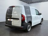 the rear end of a white van with a black and white stripe on it
