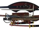 two different types of swords on display on a white background
