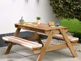 une table de pique-nique avec deux bancs et une plante en pot posée dessus