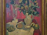 une peinture de fleurs dans un vase sur une table