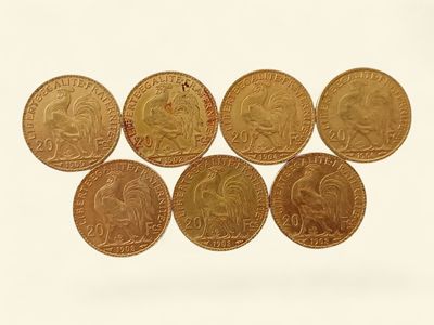 six pièces d'or sont disposées en ligne sur une surface blanche
