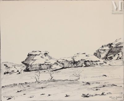 dessin représentant un paysage avec des rochers et des arbres au premier plan