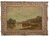 une peinture à l'huile représentant une scène fluviale avec un bateau sur l'eau