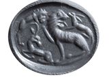 an image of a seal with a man and a dog on it