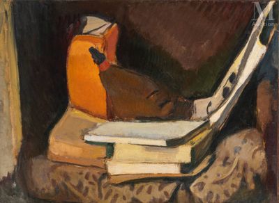 une peinture représentant un livre et une tasse posés sur une table