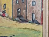 a painting of a boat in front of a building