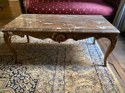 a coffee table on a rug in a living room