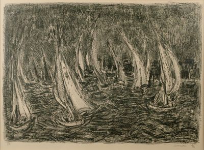 an image of a black and white drawing of sailboats in a body of water