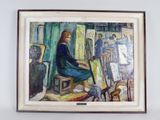an oil painting of a woman sitting on a chair in front of a painting