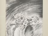 a black and white drawing of a man on a barrel