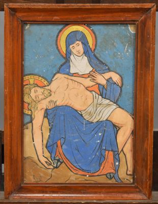 PLAQUE de céramique à décor peint polychrome représentant une piéta, d - Photo 1