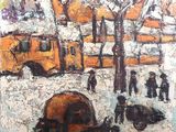 un tableau représentant une calèche tirée par des chevaux dans une rue enneigée