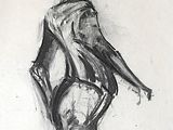 dessin représentant une femme vêtue d'une robe noire et blanche, assise sur une chaise