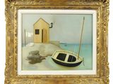 painting of a boat on a beach with a house in the background