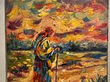 une peinture à l'huile représentant un homme debout devant un tableau représentant un coucher de soleil