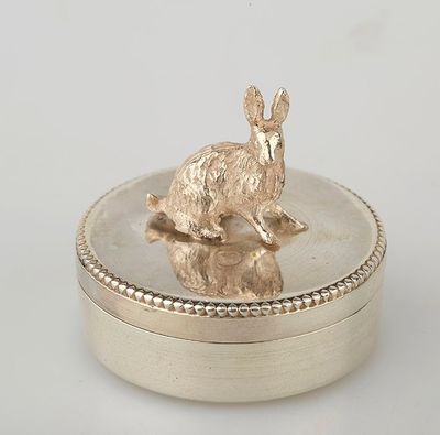 an image of a silver box with a rabbit sitting on top of it
