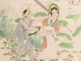 chinese painting of a man holding a sword and a woman holding a sword