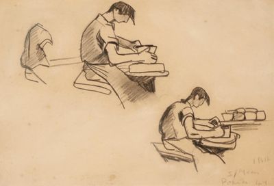 dessin représentant deux personnes assises à une table avec des livres