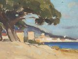 an oil painting of a tree on a beach next to a body of water