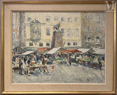 un tableau représentant une scène de rue avec des passants