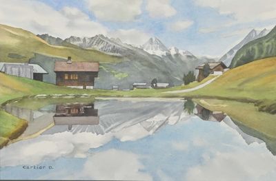 a watercolor painting of a mountain scene with a lake in the foreground