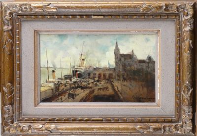 painting of a view of a harbor with boats in the water