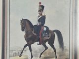 tableau représentant un homme en uniforme à cheval dans un champ
