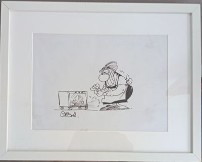 drawing of a man sitting at a desk in front of a laptop computer