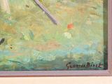 a painting of a bird sitting on a branch in the grass
