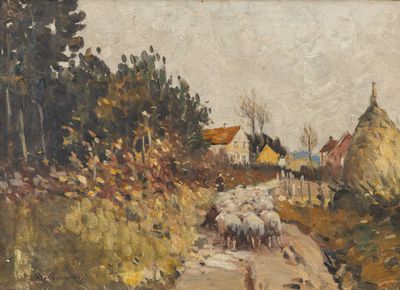 un tableau représentant un troupeau de moutons sur un chemin de terre