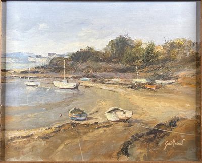 un tableau représentant des bateaux sur la rive, au bord de l'eau