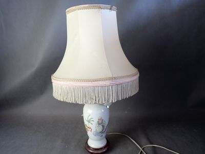 une lampe posée sur une table et munie d'un abat-jour