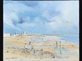 painting of a beach scene with people on the sand and buildings in the background