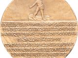 a gold medal with a man on a surfboard on it