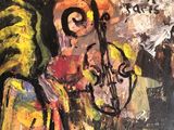 an abstract painting of a man playing a cello on a stage