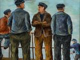 tableau représentant un groupe d'hommes debout les uns à côté des autres sur une jetée