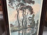 a painting of a landscape with trees and a river in the foreground
