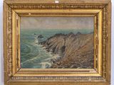 an oil painting of a rocky coast with waves crashing in the foreground