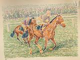 two horses that are racing on the grass