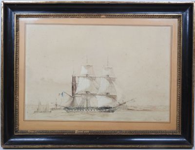 une peinture représentant un bateau sur un plan d'eau, avec le ciel en arrière-plan