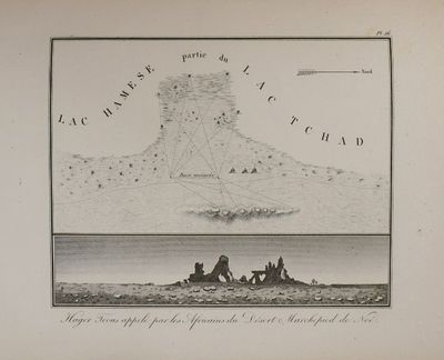 dessin représentant une carte de l'île de Saint-Chad, avec une vue de l'île de Saint-Chad au loin