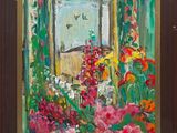 une peinture à l'huile représentant une fenêtre avec des fleurs au premier plan