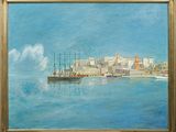 l'image d'une peinture représentant un bateau dans un plan d'eau